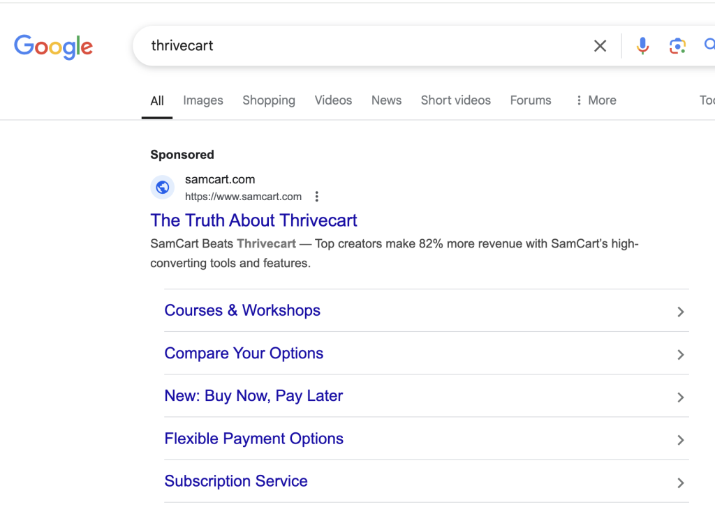 Google search results for thrivecart showing a sponsored result from samcart Com with the headline the truth about thrivecart and a short description plus several links below courses  workshops compare your options etc