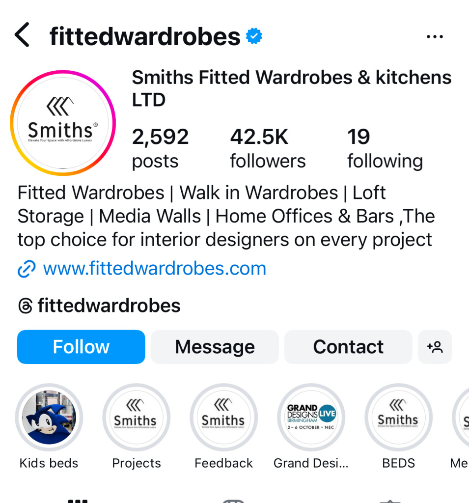 Instagram profile header for fittedwardrobes with circular logo avatar and follower counts 2592 posts 42 5k followers 19 following bio and link visible
