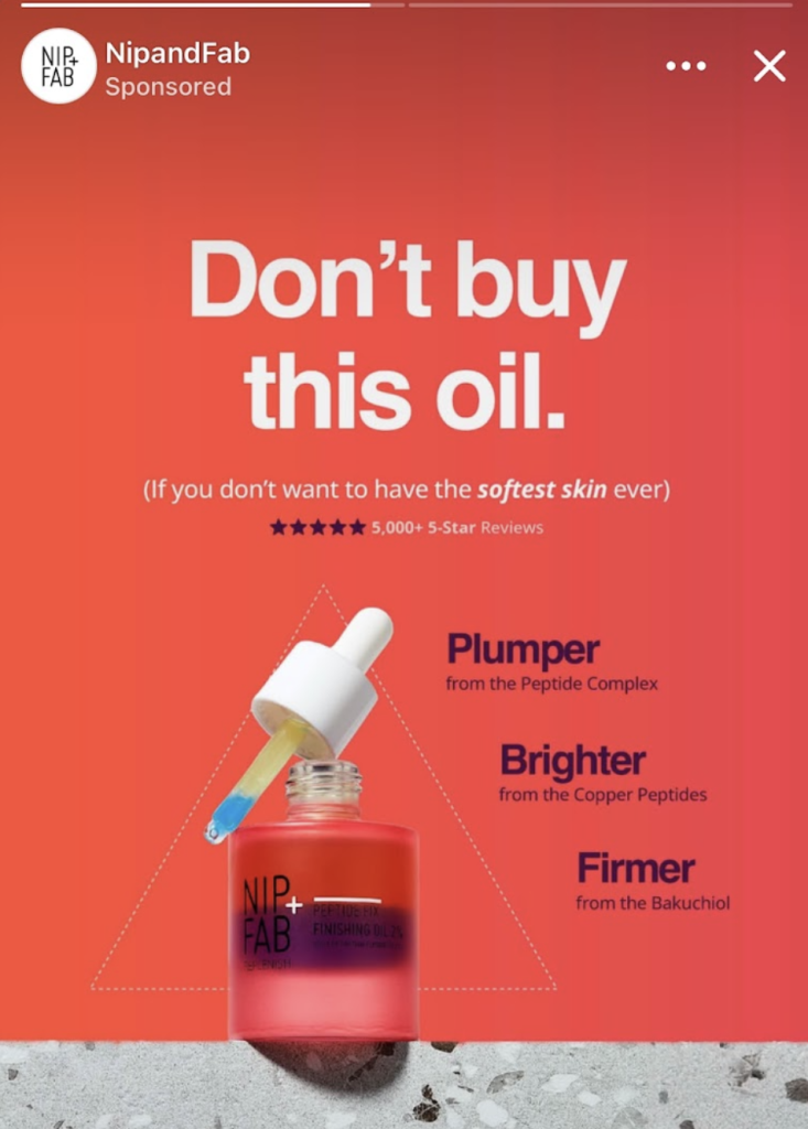 Screenshot 2025 03 04 at 13 33 09 Sponsored ad for nip+fab anti aging oil with a bold message dont buy this oil over an orange gradient background showing a dropper bottle