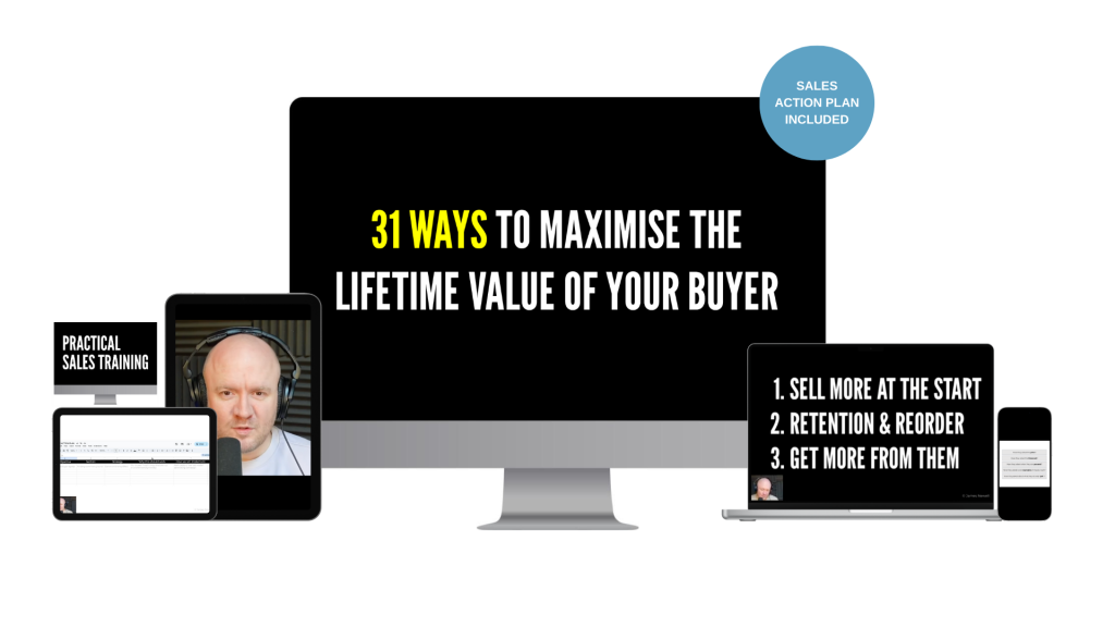 1 Big black monitor showcasing the headline 31 ways to maximise the lifetime value of your buyer with a blue sales action plan included badge and surrounded by tablets and laptops displaying related content