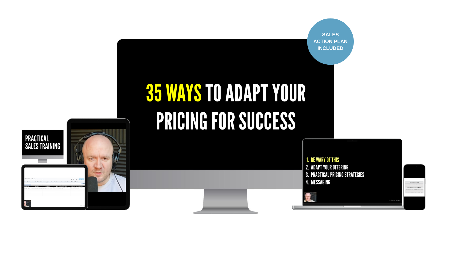 Large black monitor with bold text 35 ways to adapt your pricing for success and a blue badge sales action plan included surrounded by devices for context in a promo image