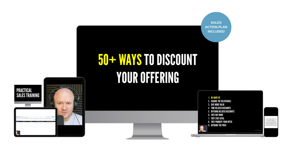 Main monitor shows 50+ ways to discount your offering with a blue sales action plan included badge amid tablets and laptops