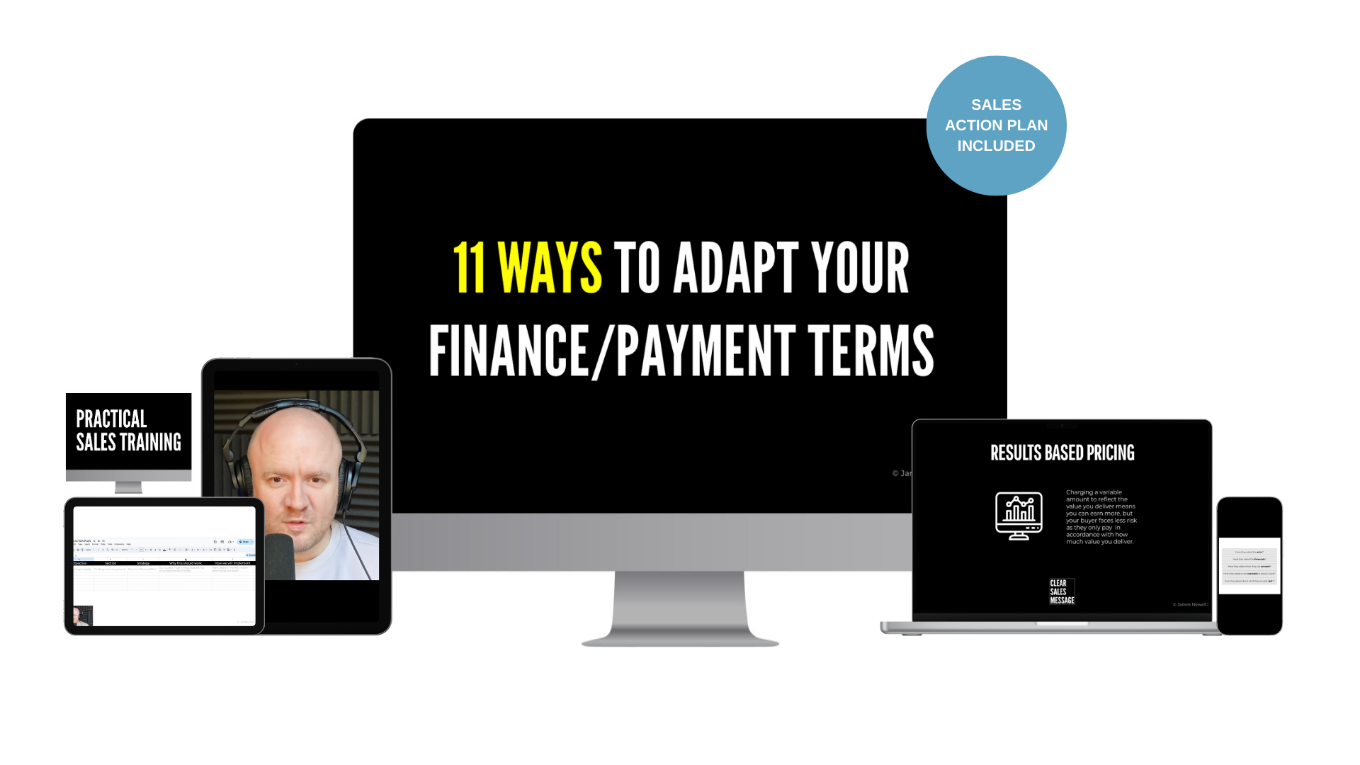 Promotional collage advertising training large screen text 11 ways to adapt your financepayment terms with sales action plan included badge surrounded by devices 2 marketing image showing multiple devices tablet laptop phone displaying sales training materials and a bold black screen title 3 informational banner for a course 11 ways to adapt your financepayment terms with sales plan badge and device mockups 4 cluster collage of screens promoting practical sales training and pricing materials centered on a big black display 5 graphic advertisement for a training program featuring a text heavy monitor title and accompanying devices
