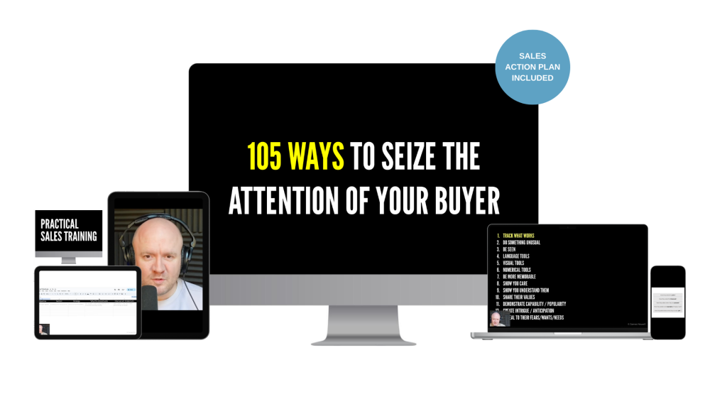 1 Collage of devices promoting a sales training program featuring the headline 105 ways to seize the attention of your buyer