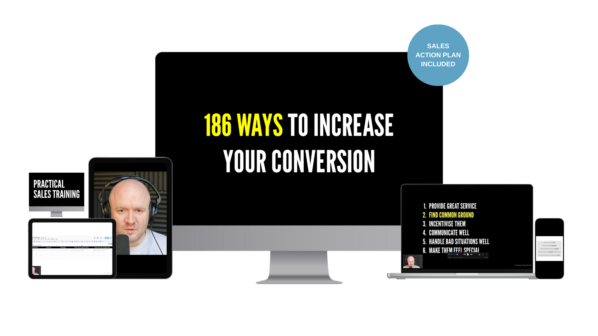 Collage of devices around a large monitor that reads 186 ways to increase your conversion with a blue badge sales action plan included