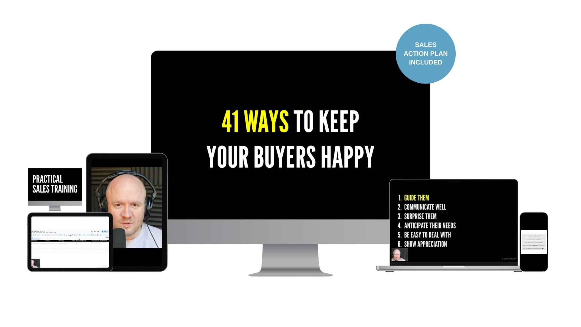 Promo graphic with a central screen saying 41 ways to keep your buyers happy and a blue badge sales action plan included