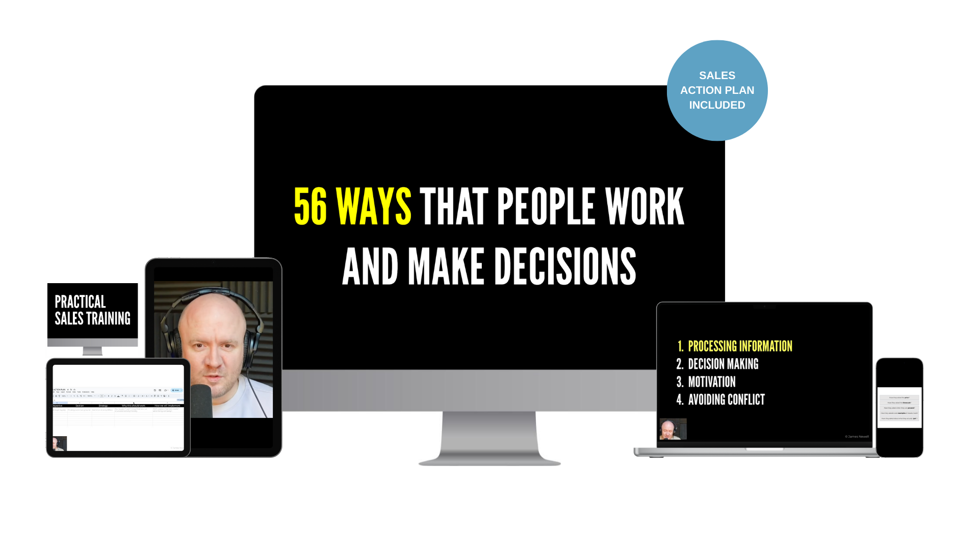 Central black screen with bold headline 56 ways that people work and make decisions yellow 56 and a blue badge sales action plan included nearby devices surround the screen in a collage