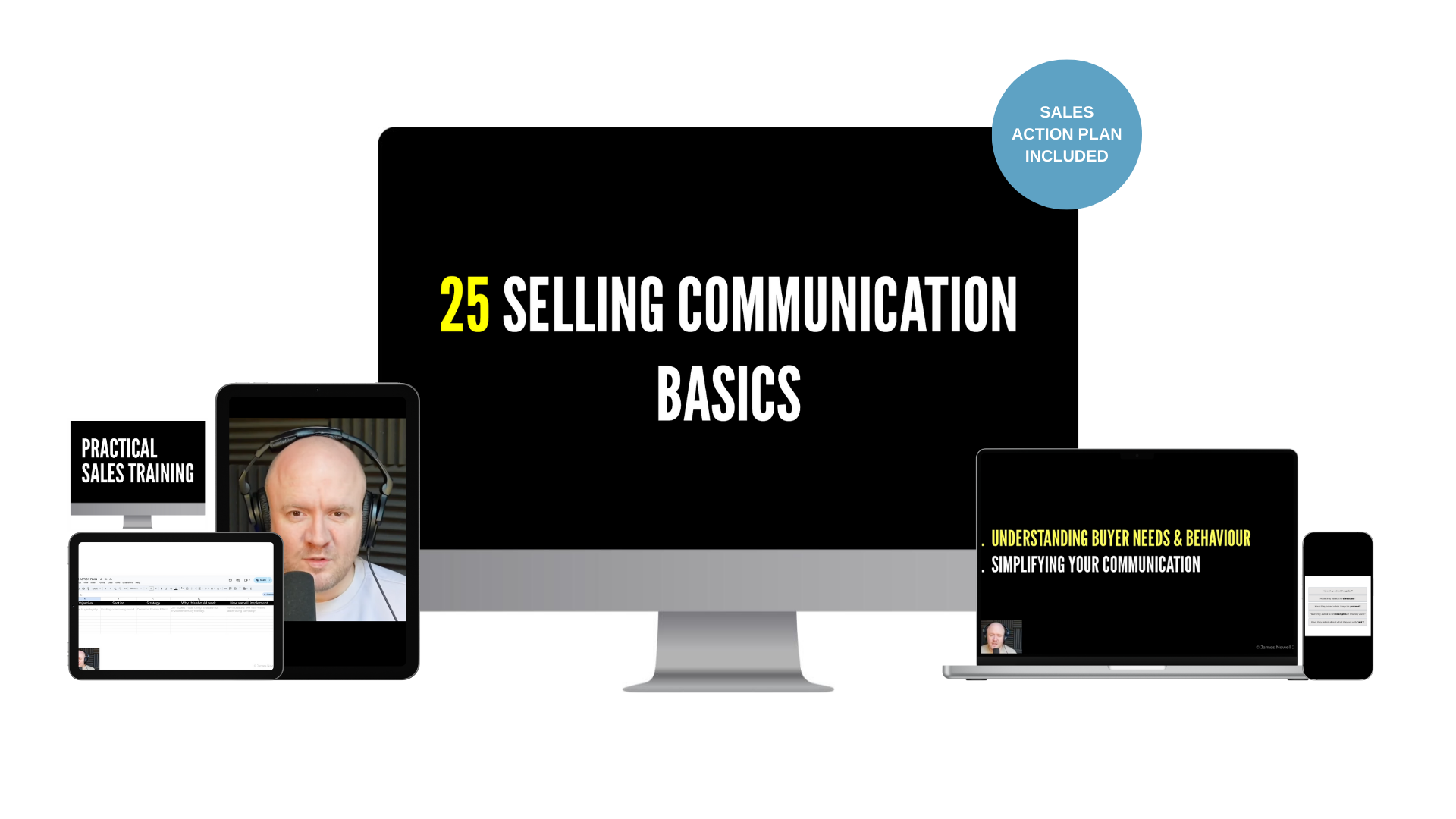 Collage of devices monitor tablet laptop phone promoting 25 selling communication basics with a blue sales action plan included badge
