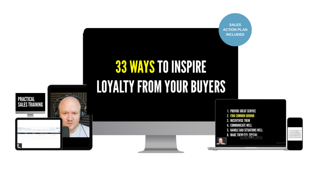 1 Promotional banner for sales training devices surround a screen reading 33 ways to inspire loyalty from your buyers blue badge reads sales action plan included