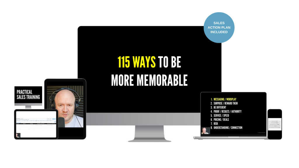 1 Promotional hero showing devices around a black screen that reads 115 ways to be more memorable with a blue badge sales action plan included