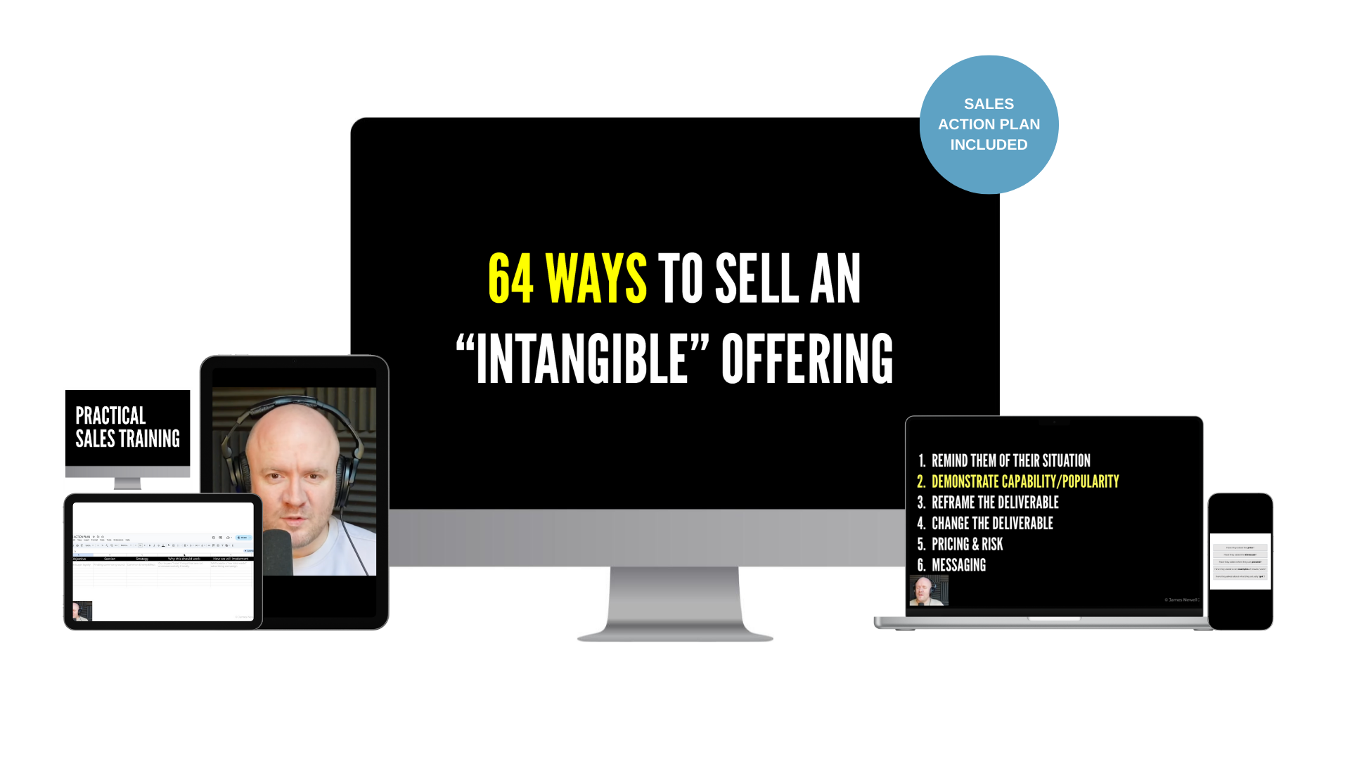 Promotional collage for a sales training program large monitor reads 64 ways to sell an intangible offering with a blue sales action plan included badge and accompanying devices displaying training content