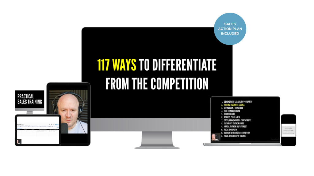 Collage of devices around a large monitor showing the title 117 ways to differentiate from the competition with a blue badge reading sales action plan included on the corner