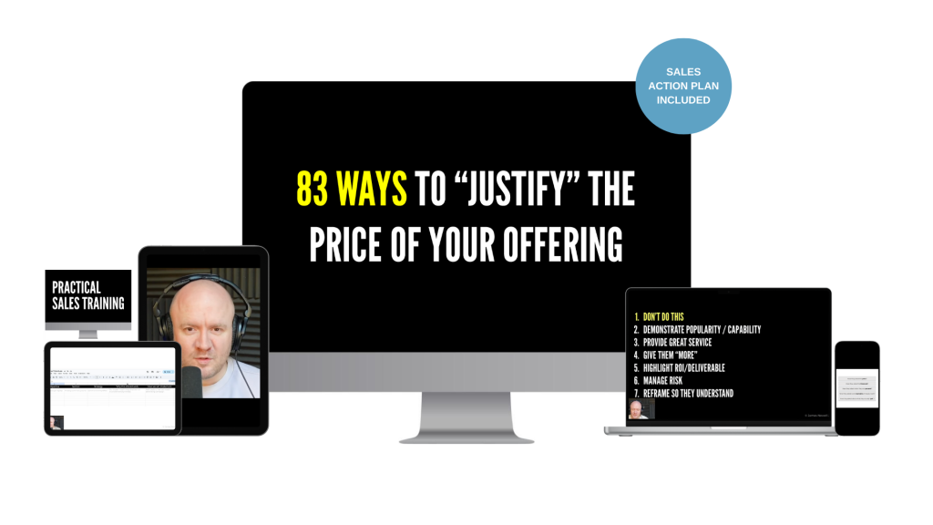 Central monitor shows the title 83 ways to justify the price of your offering with a blue badge reading sales action plan included surrounded by tablets and laptops showing training content