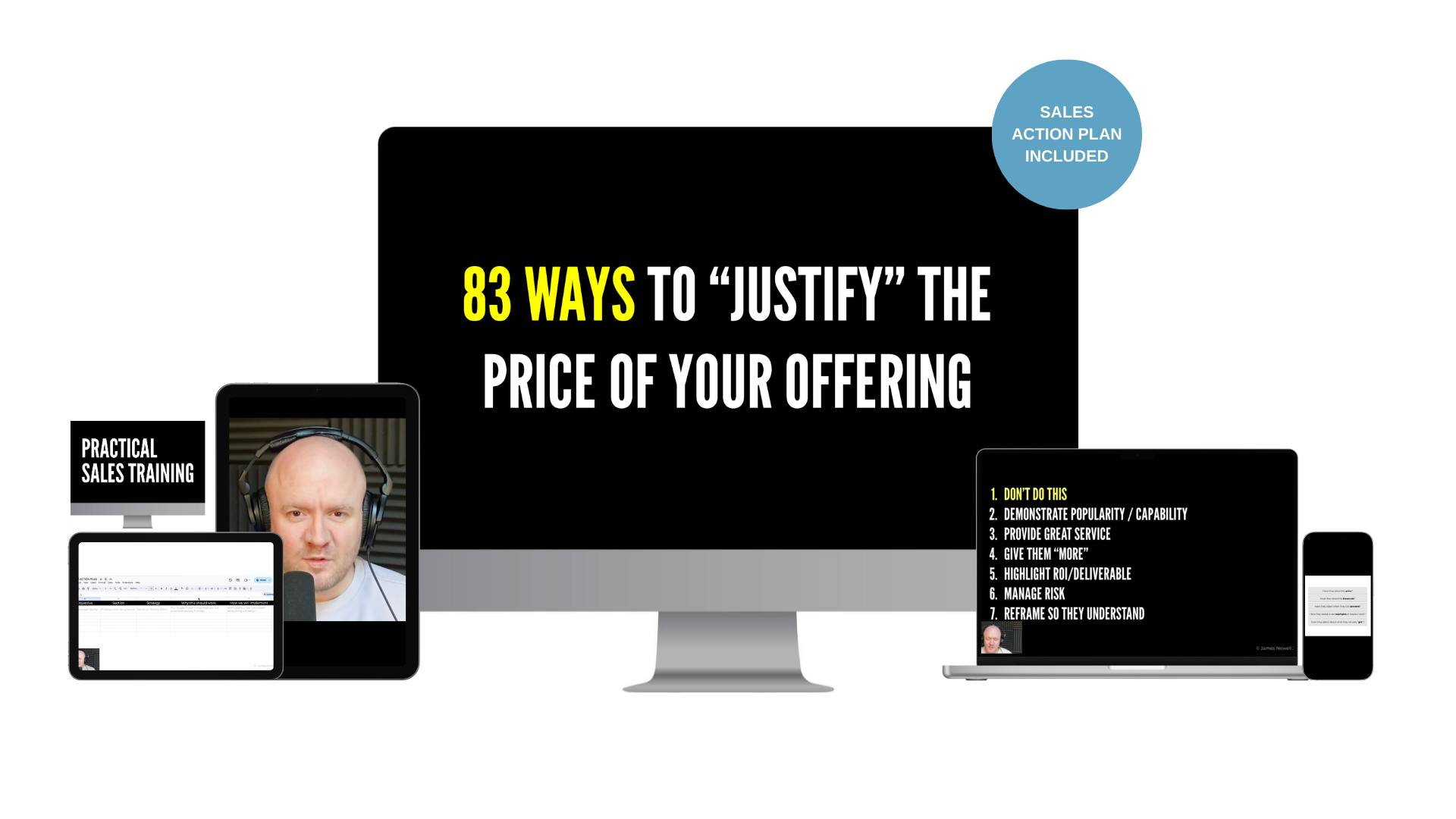 Central monitor shows the title 83 ways to justify the price of your offering with a blue badge reading sales action plan included surrounded by tablets and laptops showing training content