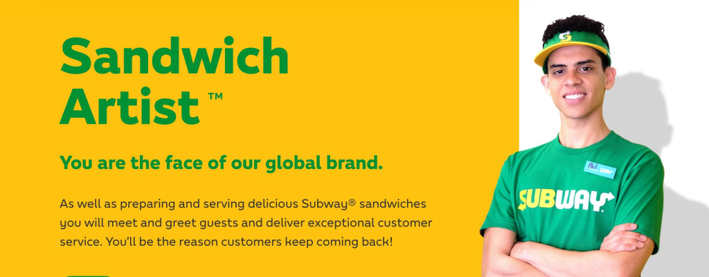 2400 1350 Promotional hero yellow background with large green sandwich artist text and a subway employee in a green uniform on the right