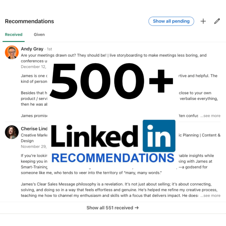 Linkedin recommendations page screenshot with a large 500+ overlay and linkedin logo signaling many recommendations