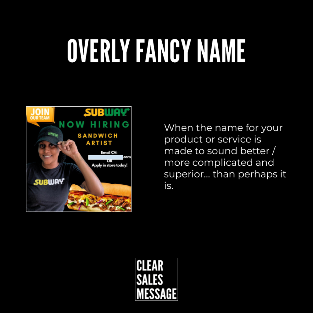 Overly fancy name Black marketing mockup with a bold title overly fancy name left shows a subway hiring flyer image right a descriptive paragraph about naming products bottom center displays a small clear sales message logo