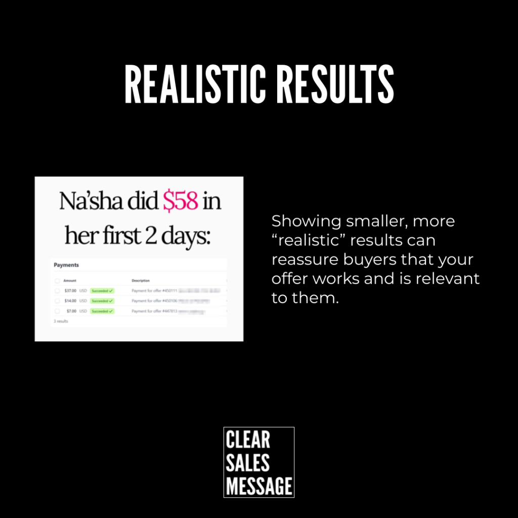 Black slide with realistic results title left shows a screenshot claiming  in two days right has explanatory text bottom logo clear sales message