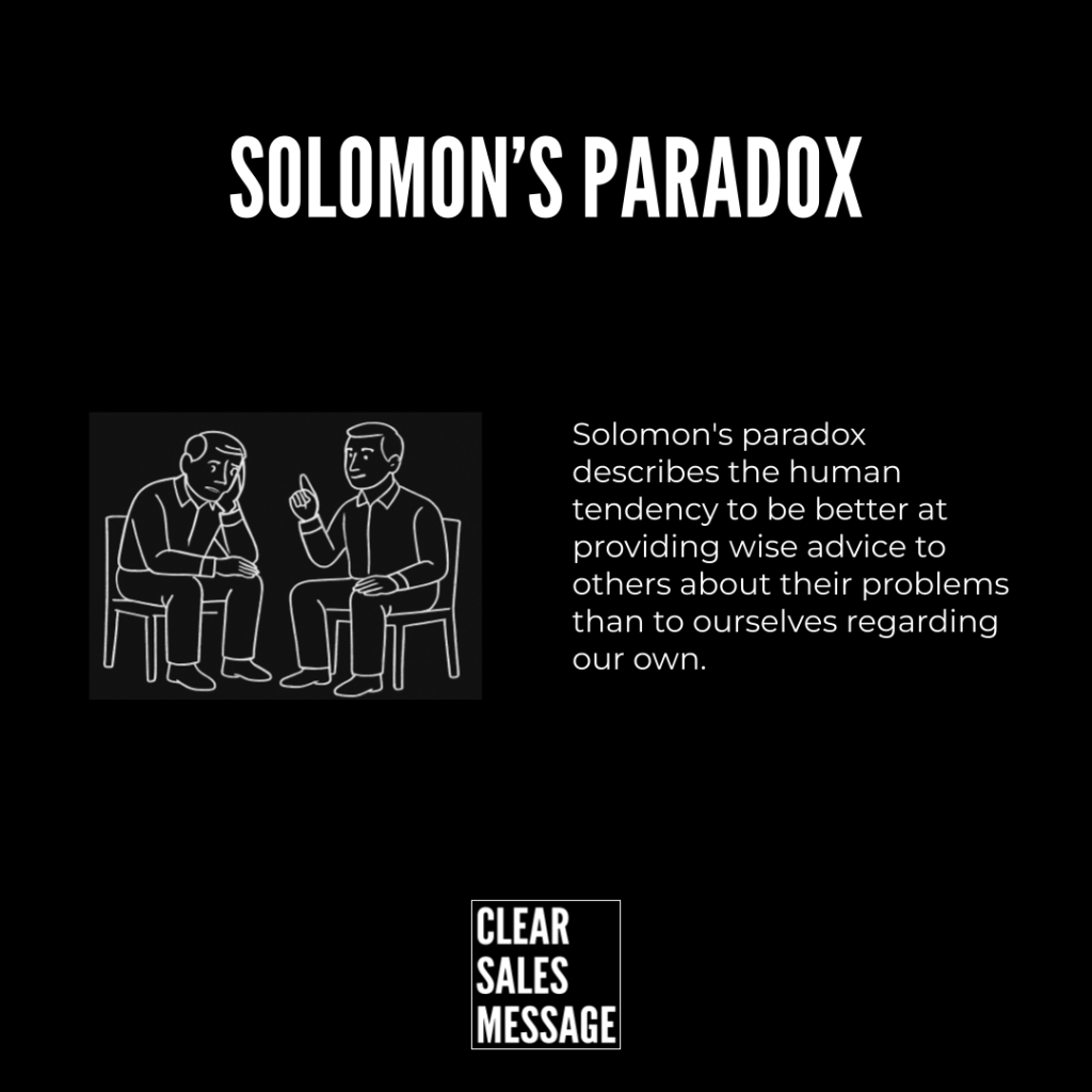 Solomons paradox Hero section solomons paradox on black background left illustration of two men in chairs talking right paragraph about giving advice to others with clear sales message logo below
