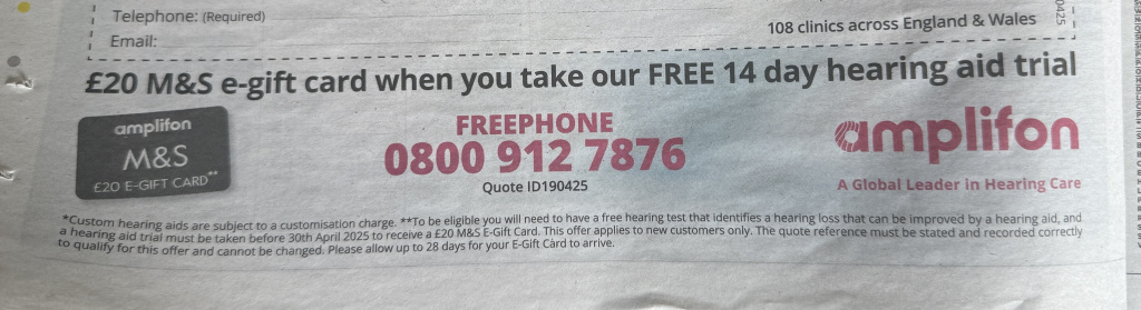 Advertisement offering a £20 ms e gift card when you take a free 14 day hearing aid trial featuring amplifon branding and a freephone number 0800 912 7876