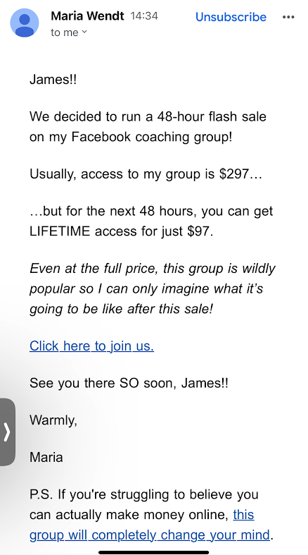 Promotional email about a 48 hour sale for a facebook coaching group offering lifetime access for  and a join link