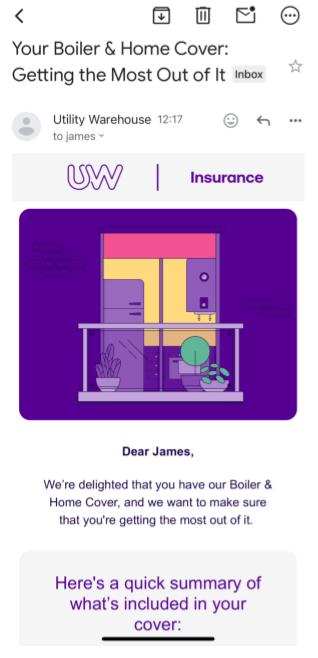 Get the most Illustration for a boiler and home insurance email a purple background with a door and balcony scene inside a purple frame conveying home cover messaging