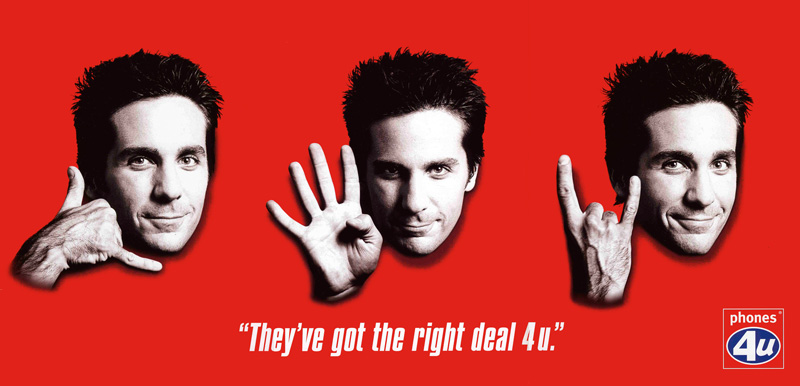 Advertisement for phones 4u featuring three blackandwhite headshots of a man making phone gestures against a red background slogan reads theyve got the right deal 4u