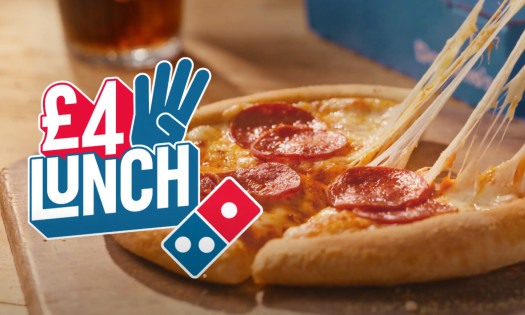 Promotional graphic on a pepperoni pizza reading £4 lunch with a blue hand graphic and domino logo overlay