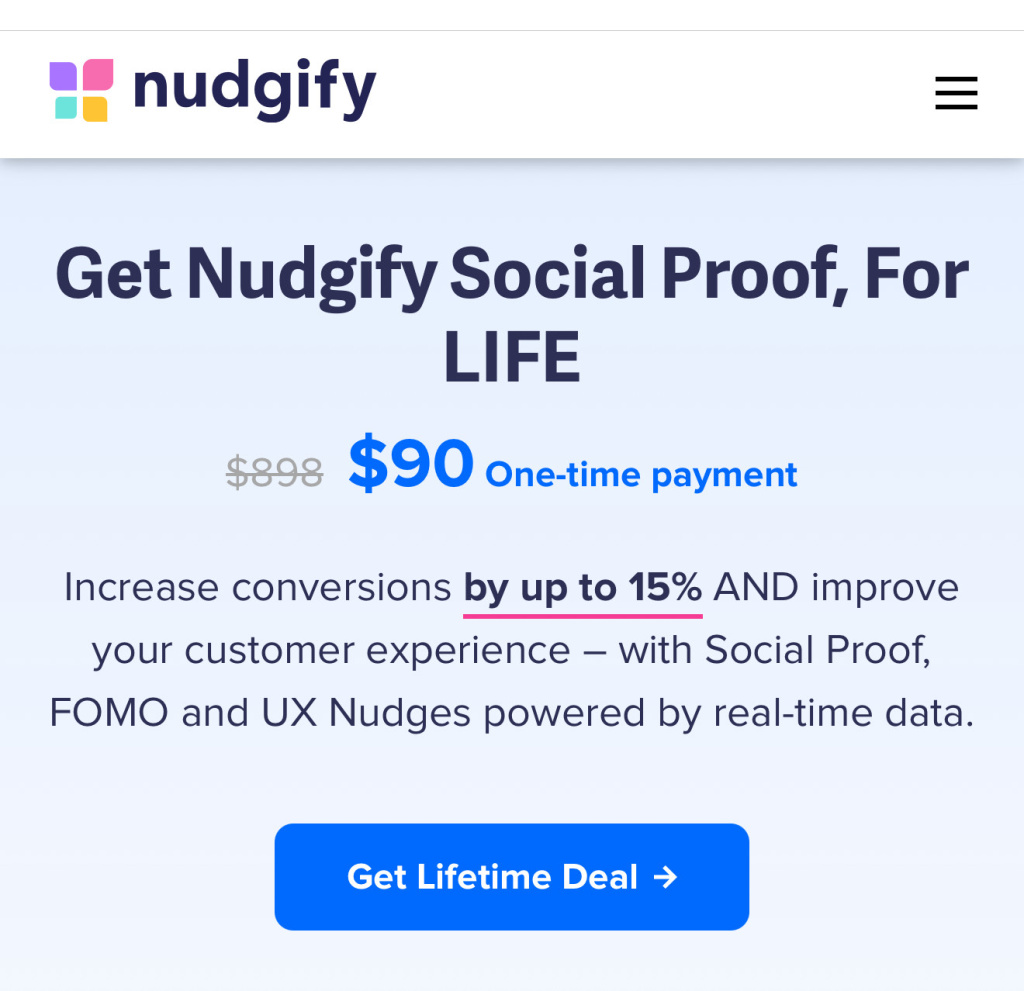 Nudgify hero logo top left bold headline get nudgify social proof for life with  one time payment and a blue get lifetime deal button