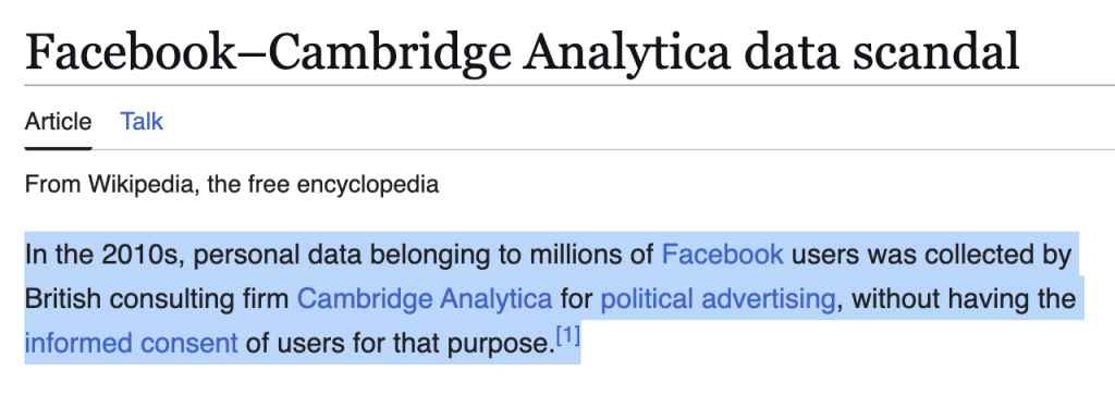 Wikipedia article screenshot facebookcambridge analytica data scandal with highlighted passage about data collection without user consent by cambridge analytica