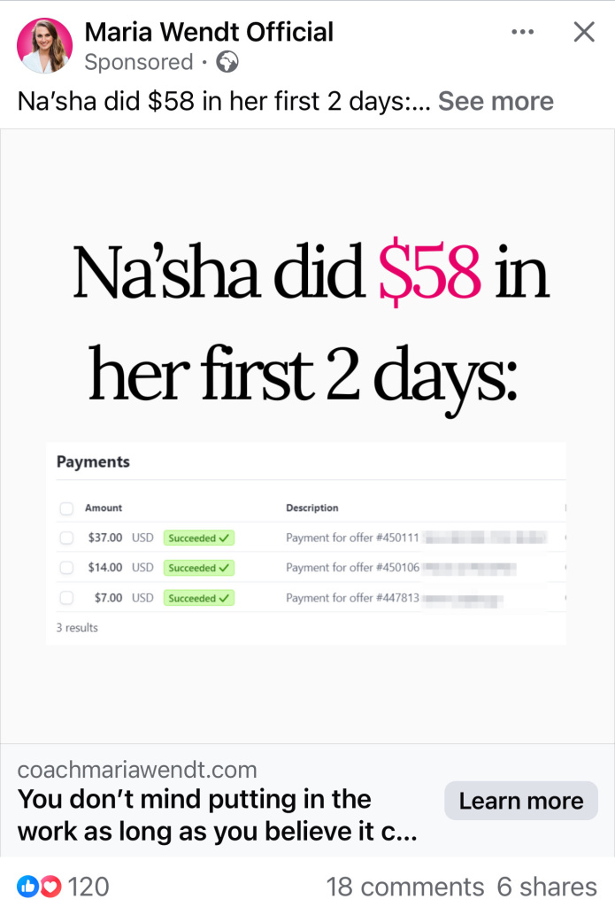 Sponsored facebook ad from maria wendt official showing a claim that nasha earned  in two days with a sample payments list and green succeeded badges