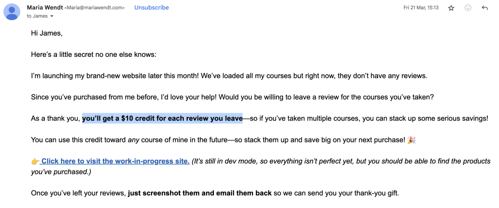 Email from maria inviting james to leave reviews for courses in exchange for  credit per review