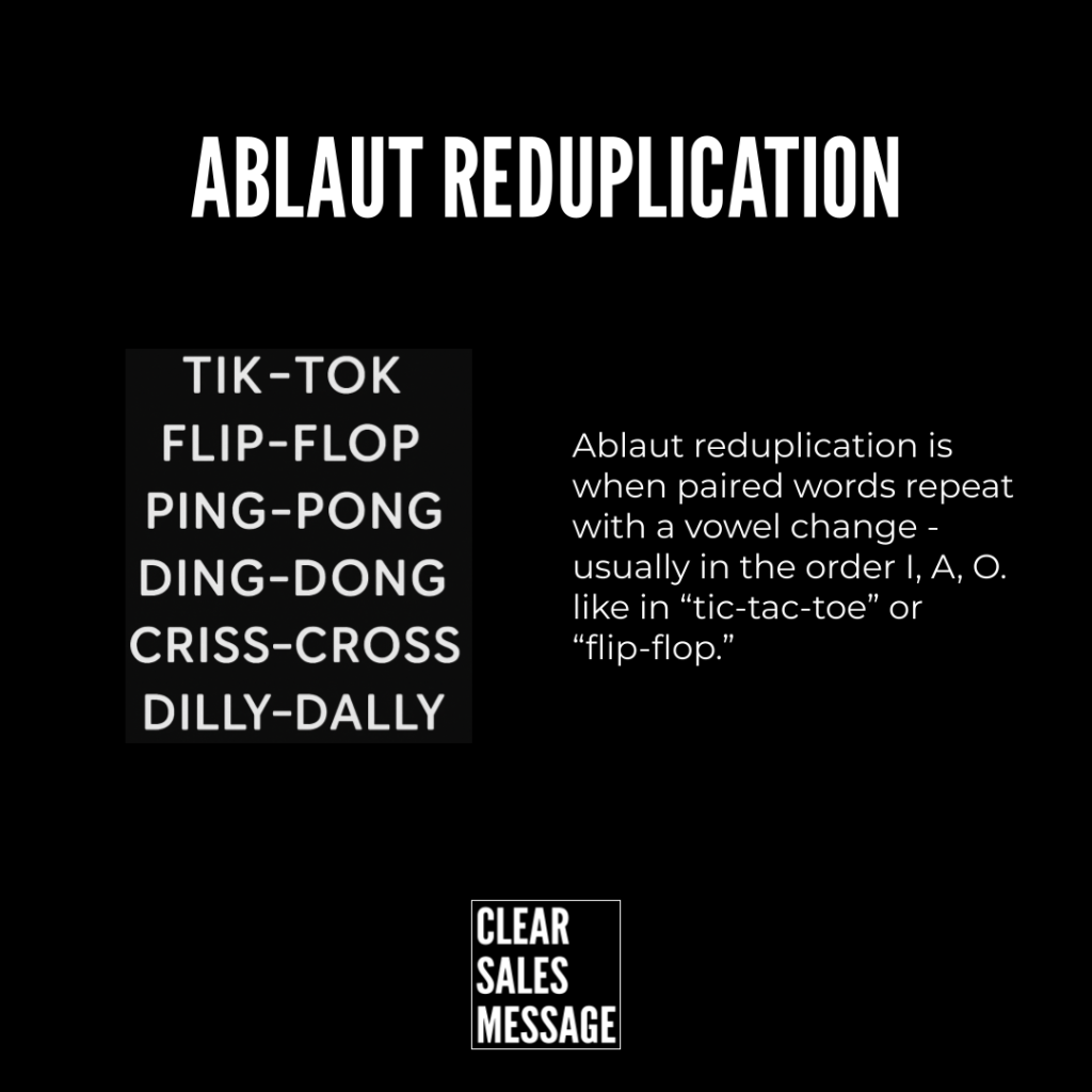 Ablaut reduplication Black slide explaining ablaut reduplication left shows stacked examples tik tok flip flop ping pong ding dong criss cross dilly dally right contains the definition and examples small clear sales message logo at the bottom