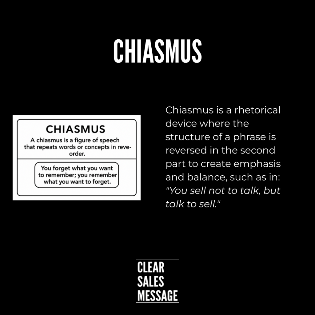 Black slide about chiasmus left diagram with definition right explanatory text with a quote bottom logo clear sales message