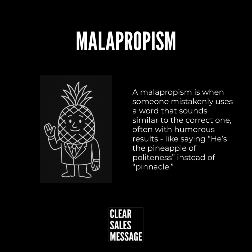 Poster explaining malapropism a chalk drawn pineapple in a suit waves with the definition and an example phrase clear sales message logo at bottom