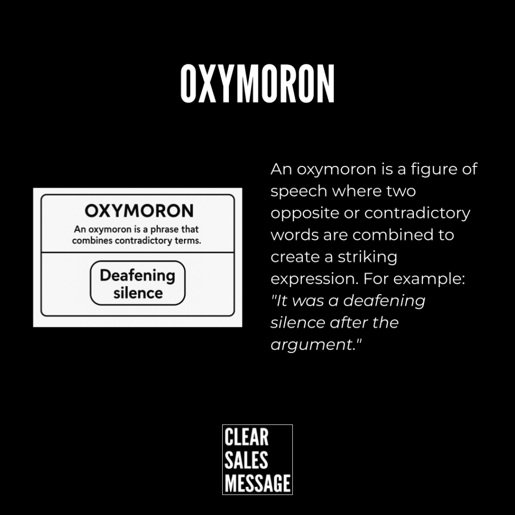 Oxymoron Graphic explaining oxymoron left panel gives definition and example deafening silence beside a descriptive paragraph on the right small clear sales message logo at the bottom