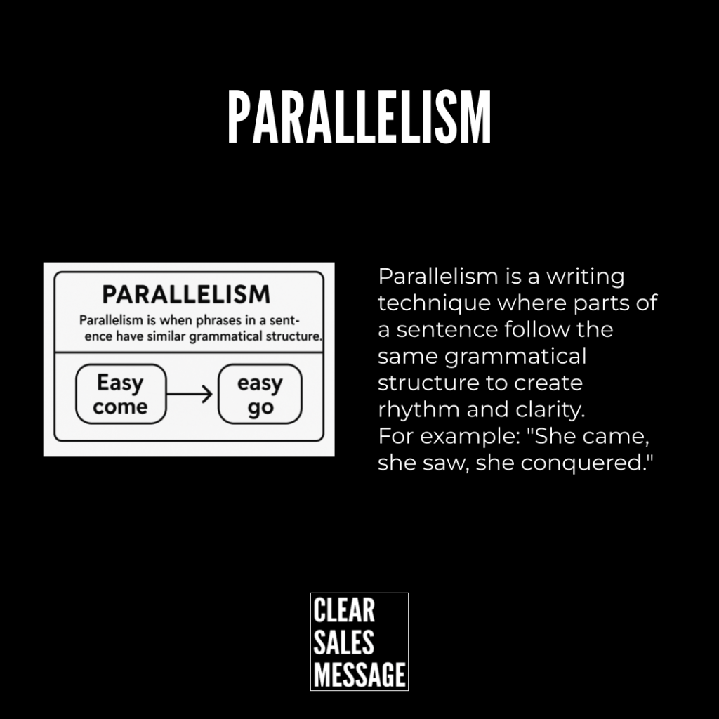 Parallelism Infographic about parallelism left panel defines the term with easy come to easy go right panel explains the writing technique with an example small clear sales message logo at bottom