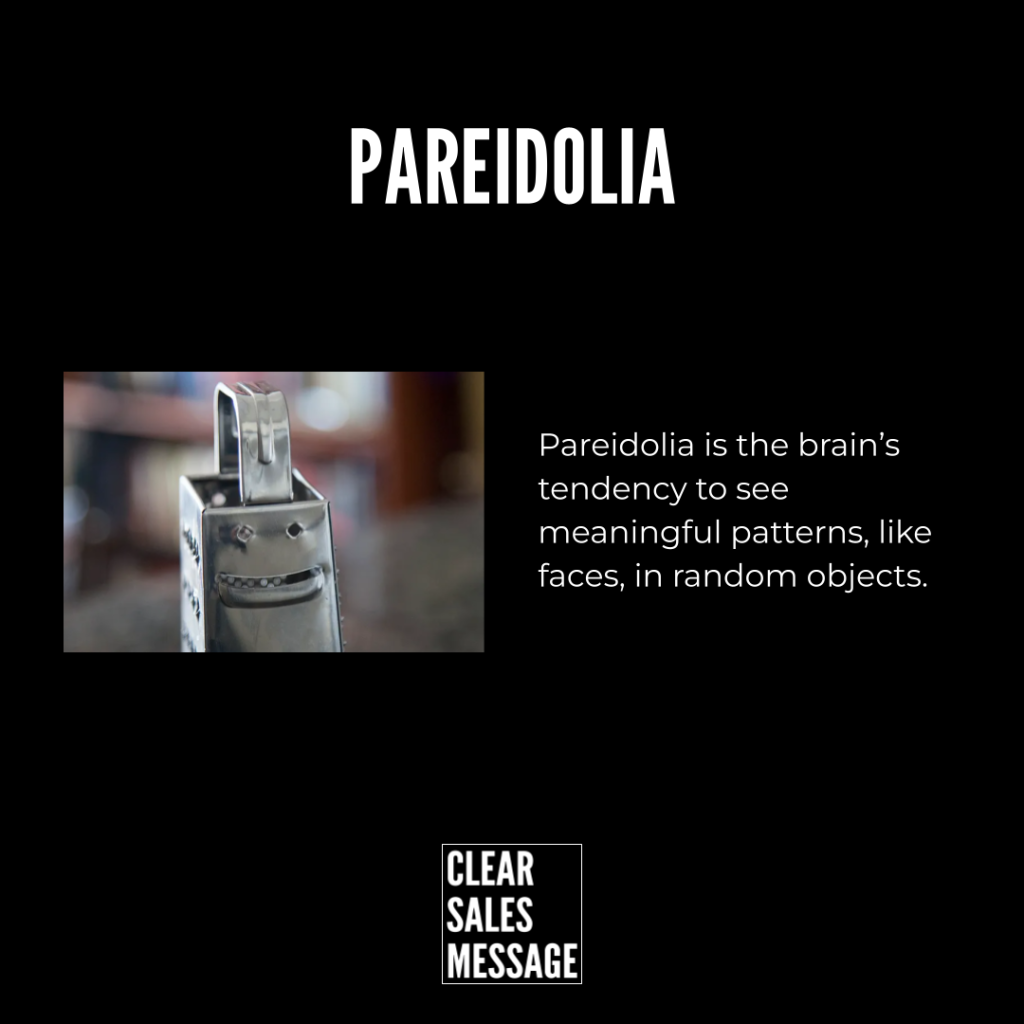 Black page with the white title pareidolia left shows a smiling metal toy robot right explains pareidolia bottom logo present