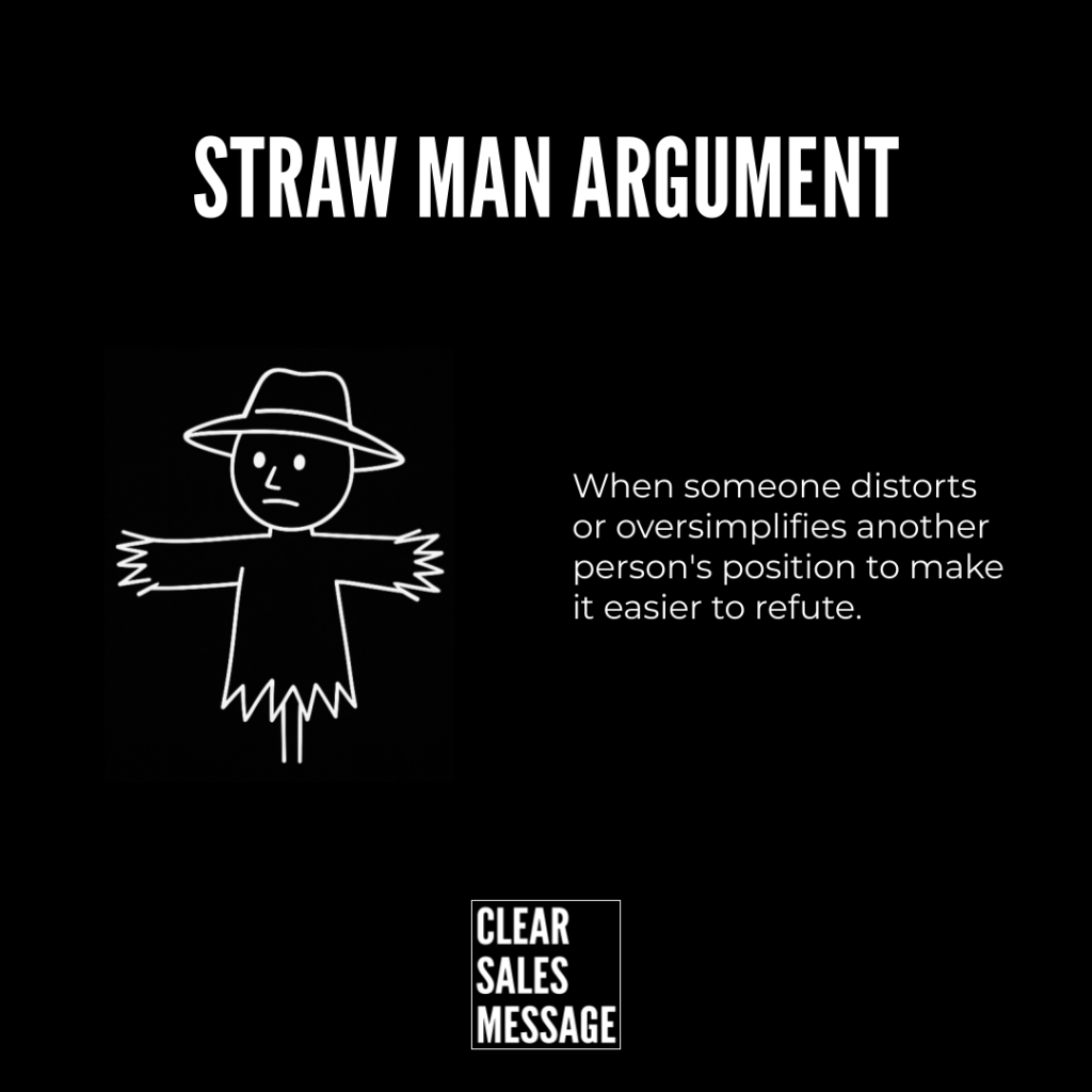 Straw man argument Black poster showing straw man argument title a simple white stick figure with a hat on the left and the fallacy description on the right plus a small logo at bottom center