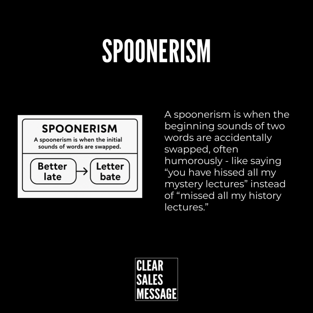 Black background with the word spoonerism at top left a diagram explaining spoonerism with better late swapped to letter bate right a paragraph defining spoonerism bottom a small clear sales message logo in white box on black background