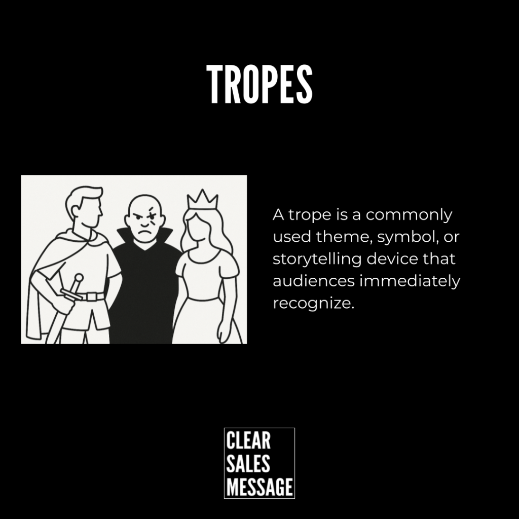 Graphic explaining trope three cartoon charactersa knight a villain king and a princesswith the definition text nearby on a black background