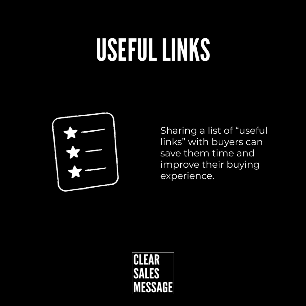 Heading useful links with a white checklist icon on black background and a paragraph about sharing useful links with buyers clear sales message logo at bottom