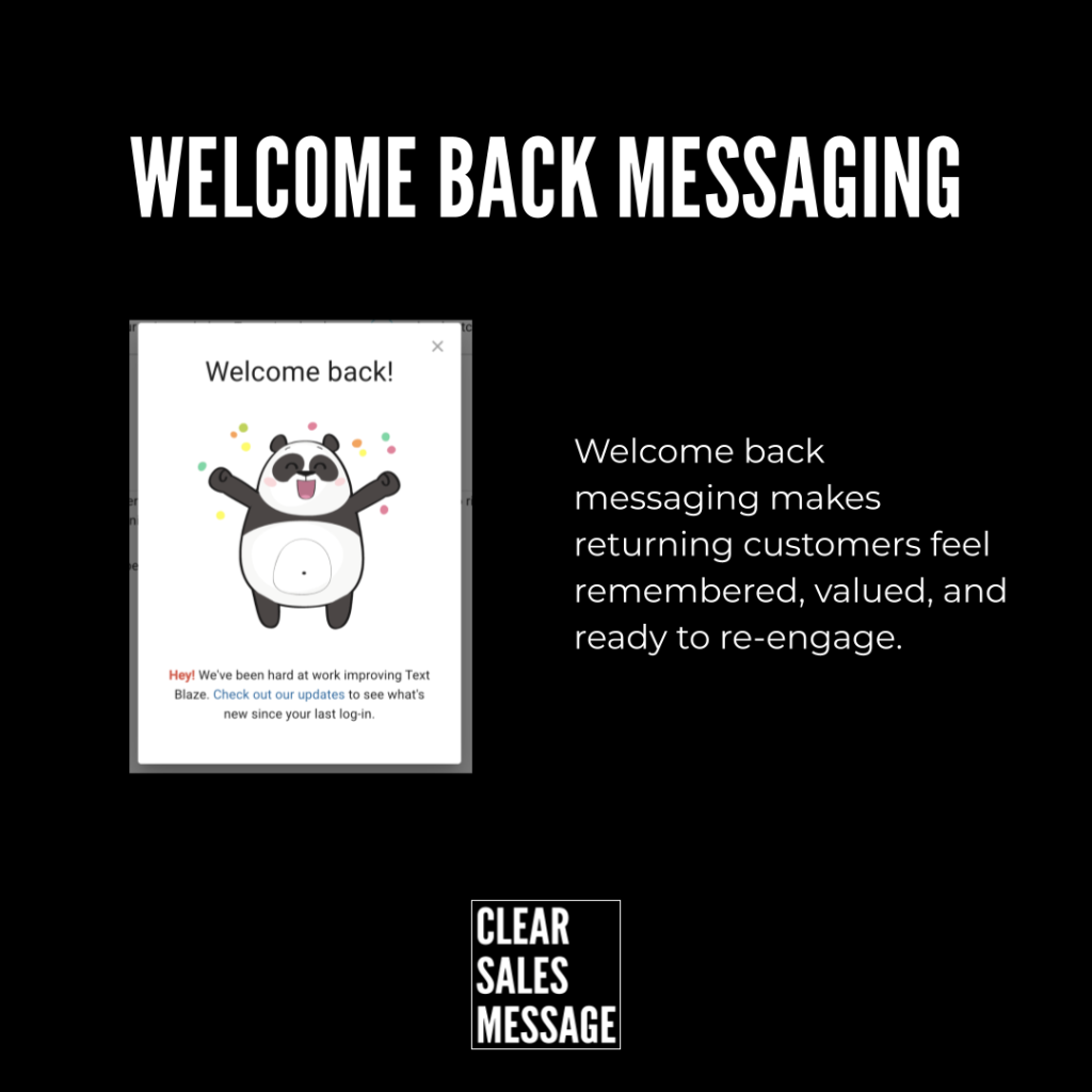 Hero banner with bold welcome back messaging text a panda welcome popup on the left and a paragraph about re engaging returning customers on the right