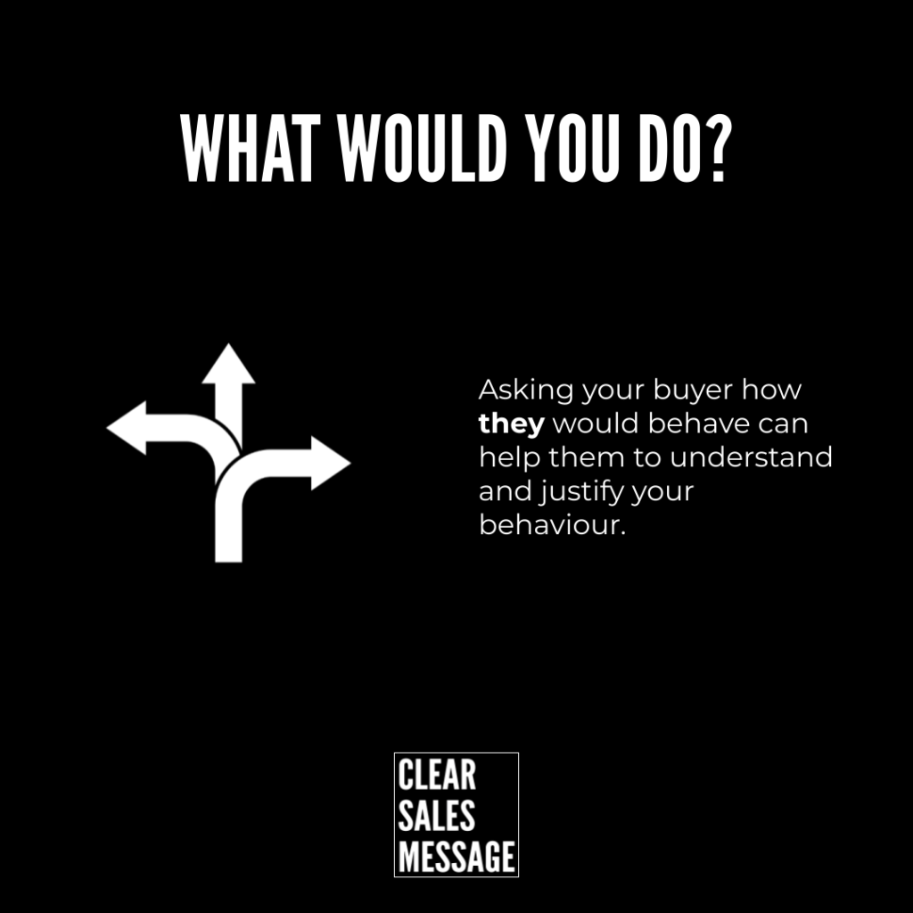 Bold black hero with the question what would you do  and a white multi branch arrow icon right side text explains that asking buyers how they would behave helps them justify your behavior with the clear sales message logo at the bottom