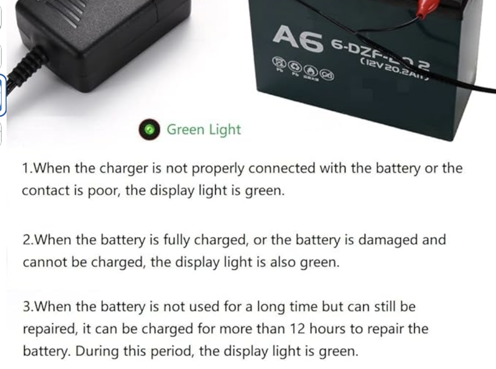 Close up of a charger and a green led indicator labeled green light beside a battery with instructional text about charging