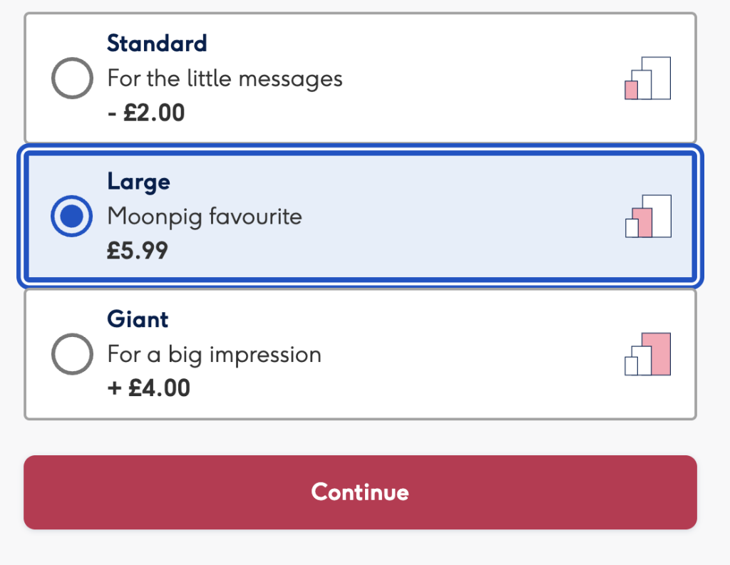 Ui with three selectable plans standard £2 00 large £5 99 highlighted with a blue border and circle selector giant £4 00 Continue button below