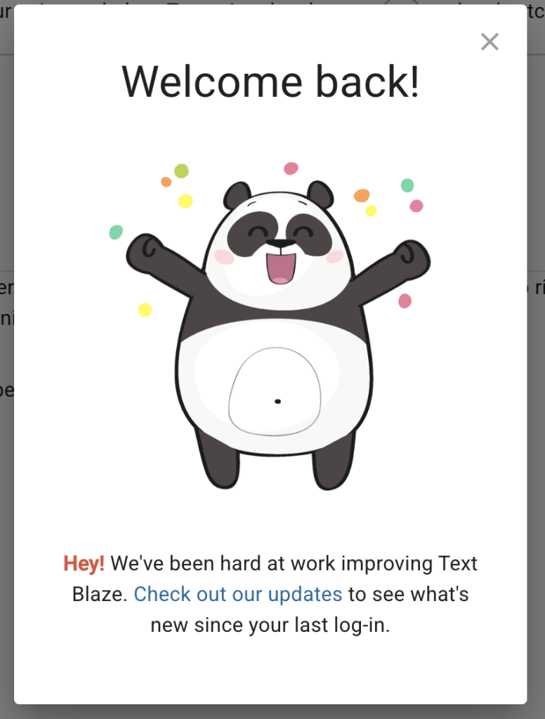Welcome back modal showing a smiling panda with arms raised and confetti the message invites the user to check updates about improvements since last login