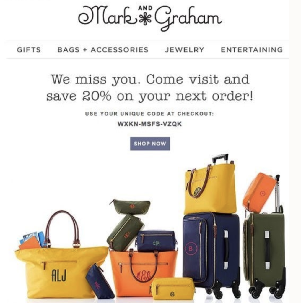 Screenshot 2025 05 29 at 16 06 10 Promo image for mark graham colorful bags and luggage with 20 off code wxkn msfs vzqk and a shop now button