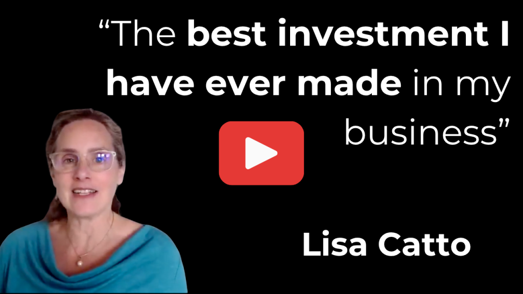 2 Video thumbnail quote text with a red play button featuring lisa catto on a black background
