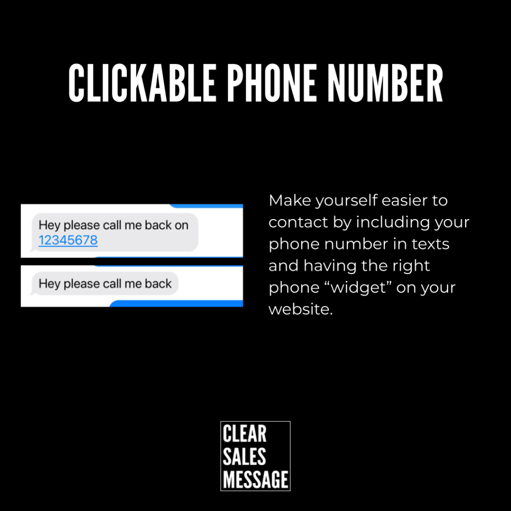 Slide promoting a clickable phone number feature left panel shows sample text messages with a phone number right panel explains adding your number on a site footer logo clear sales message